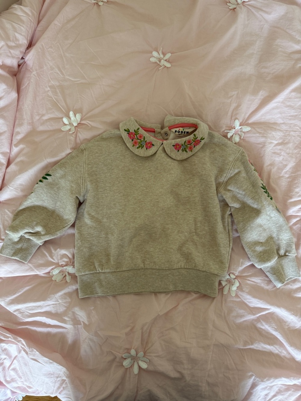 Boden Light Gray Sweatshirt with Embroidered Floral Collar